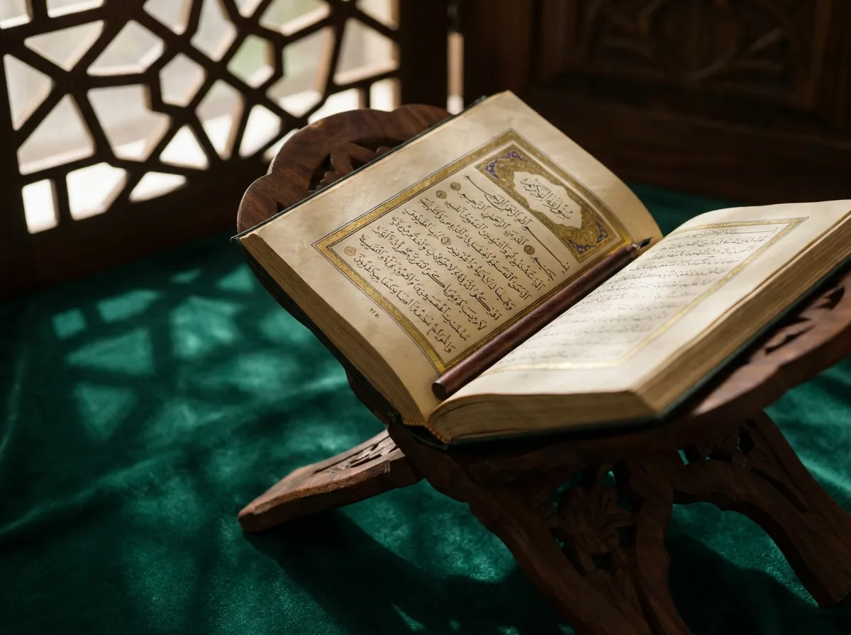 Aufgeschlagener Quran auf einer hölzernen Rahle